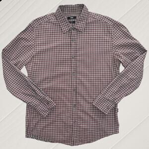 HUGO BOSS Plaid Button Up Shirt Windowpane Pattern Slim Fit Burgundy Red Large